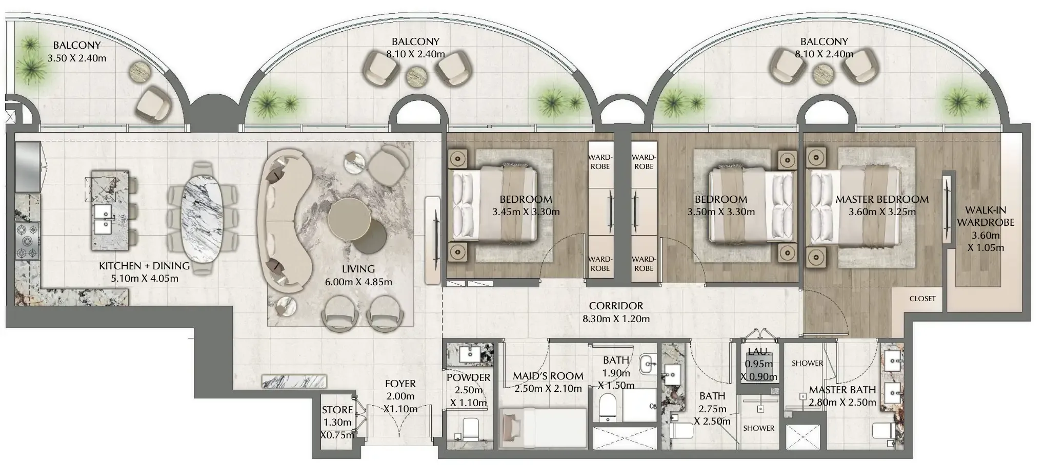 One Residence 3 BR Apartments floor plan, 2,073 sqft, drawing published by Ginco Properties