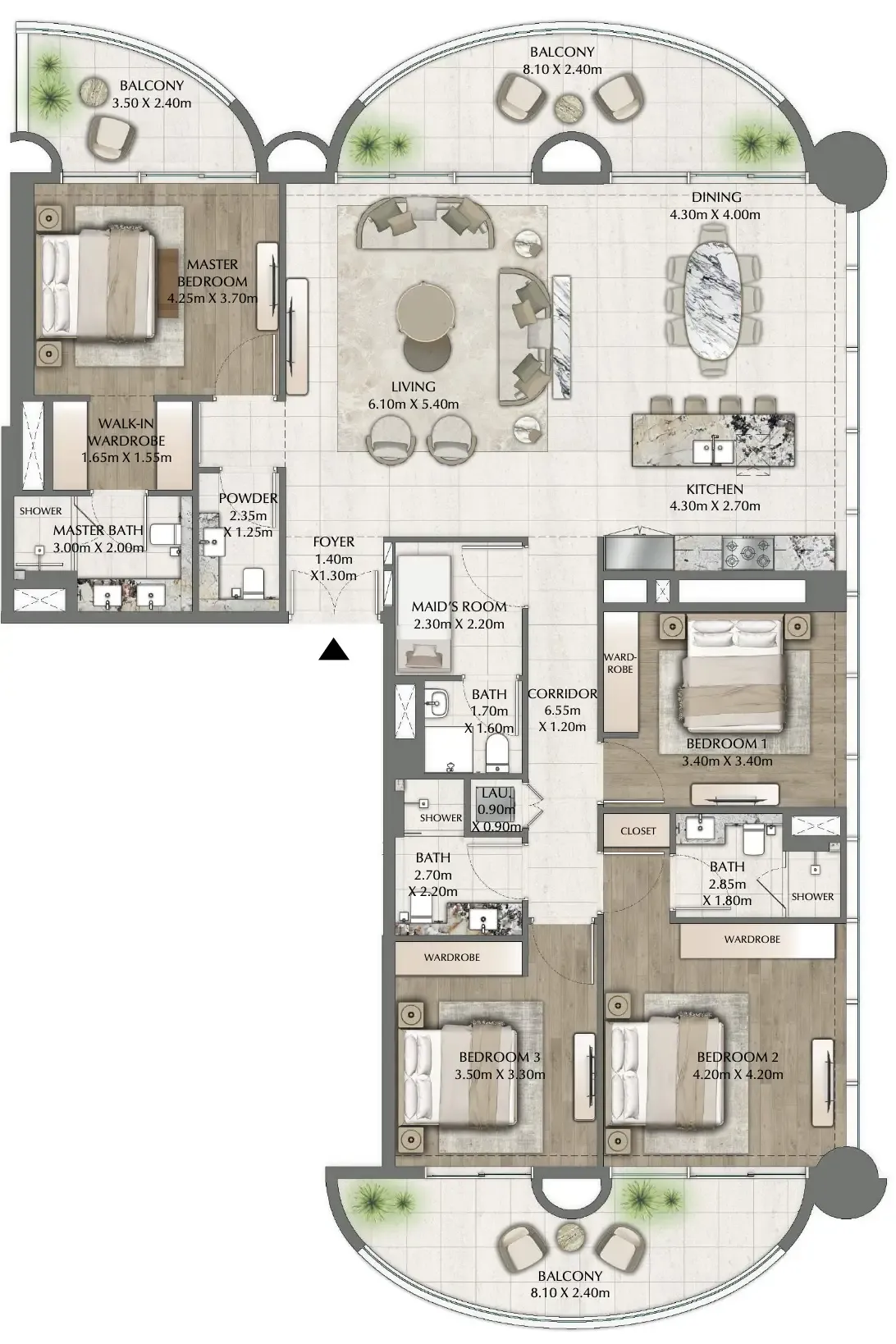 One Residence 4 BR Apartments floor plan, 2,435 sqft, drawing published by Ginco Properties
