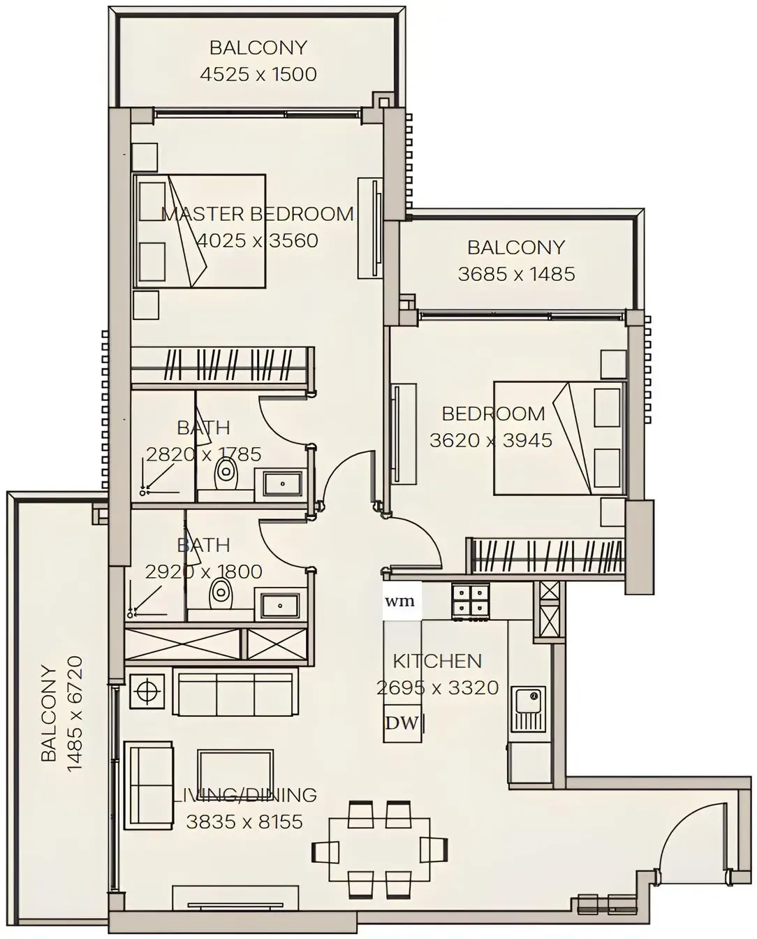 Nirvana Residences 1 2 BR Apartments floor plan, 1,215 sqft to 1,556 sqft, drawing published by Meraki