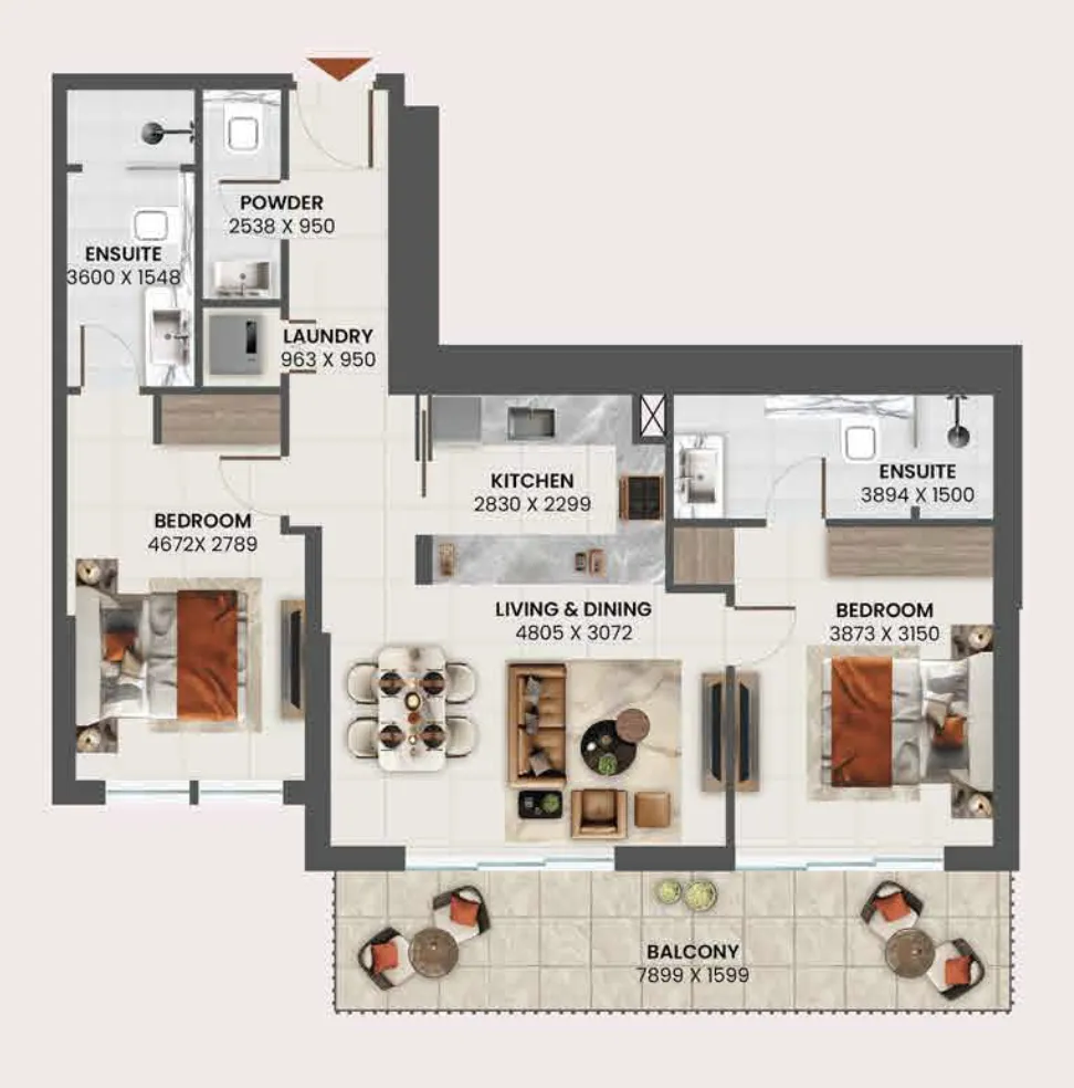 Sunvale 2 BR Apartments floor plan, 972 sqft to 1,031 sqft, drawing published by PRYSM Real Estate Development