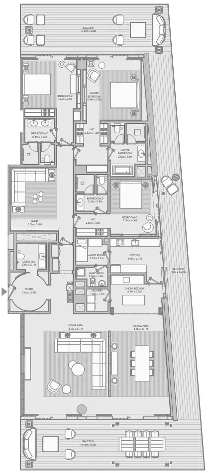 Armani Beach Residence 3 BR Apartments floor plan, 4,676 sqft to 5,724 sqft, drawing published by ARADA