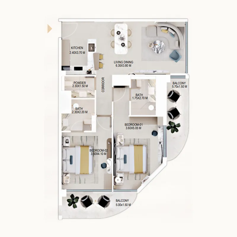 Rabdan Gardens 2 BR Apartments floor plan, 1,180 sqft to 1,356 sqft, drawing published by Rabdan Developments
