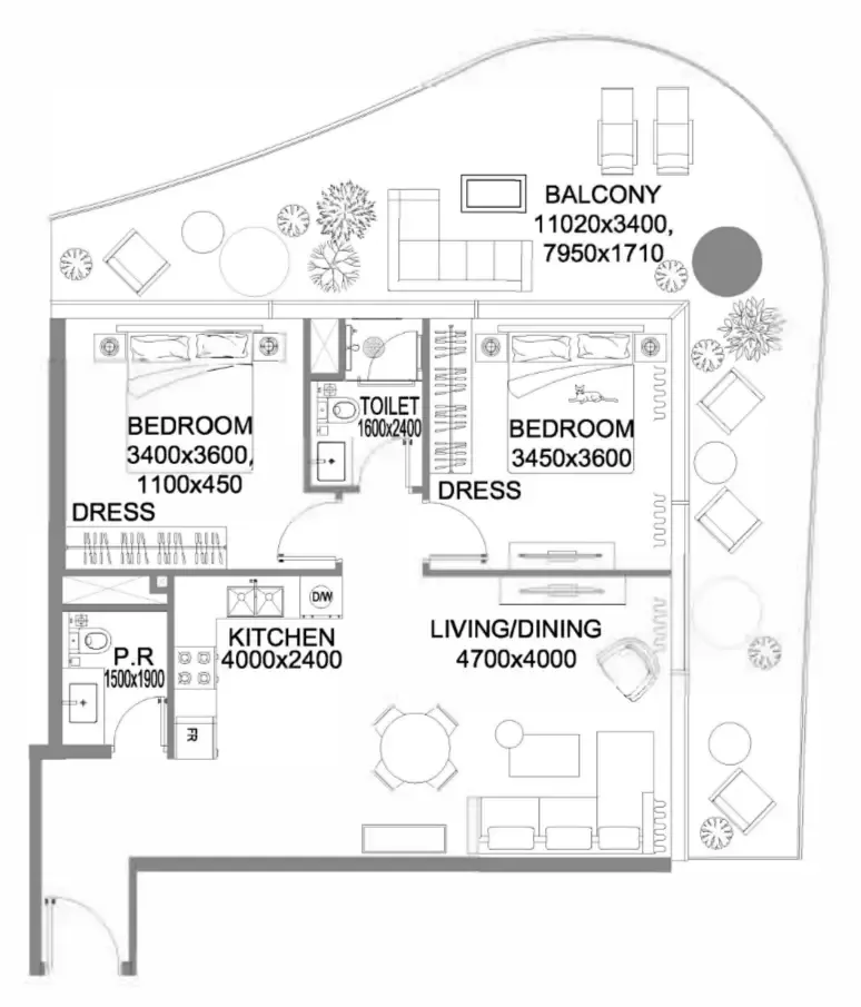 The WOW Tower 2 BR Apartments floor plan, 1,220 sqft to 1,461 sqft, drawing published by Mr. Eight Development
