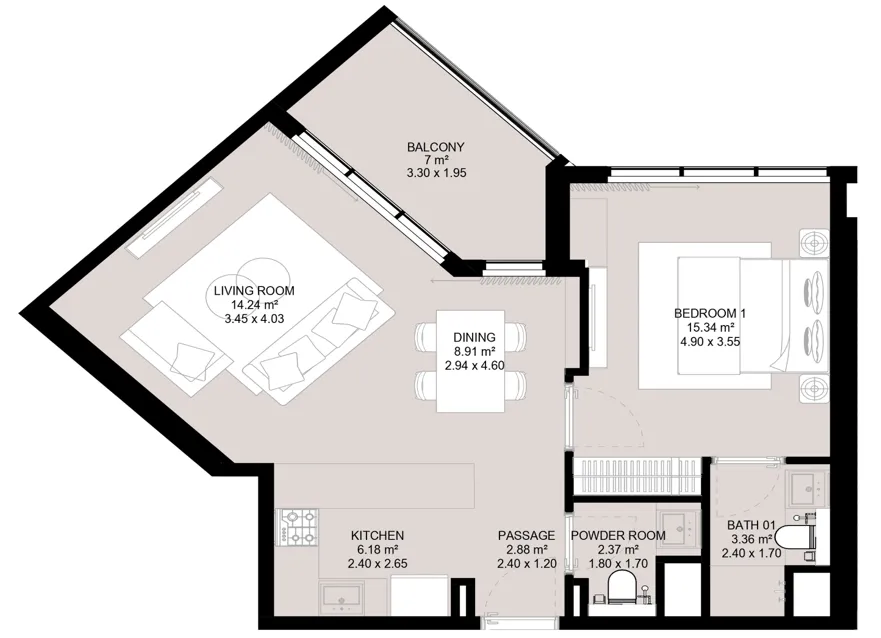 Aura Elite 1 BR Apartments floor plan, 737 sqft, drawing published by Aura Infinite Development