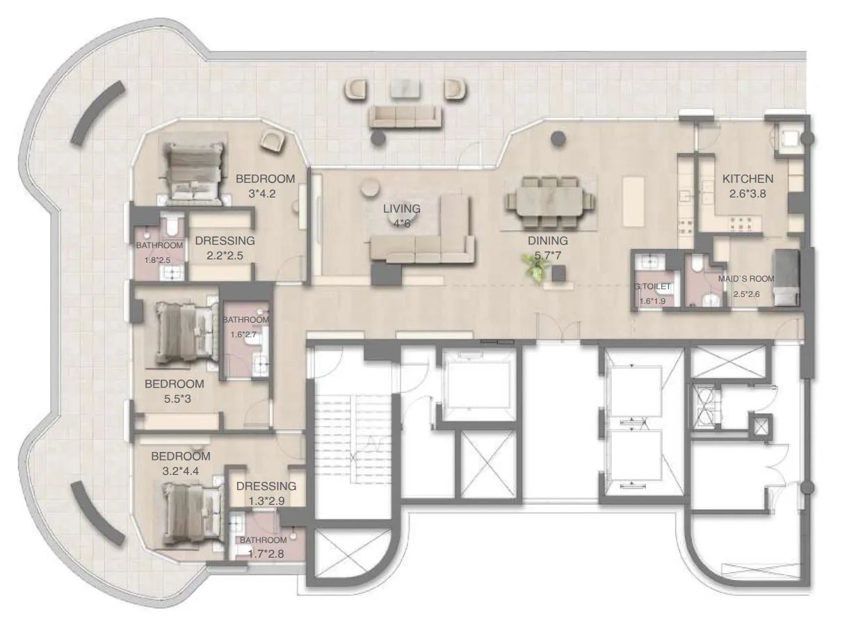 Mirasol Mina 3 BR Penthouse floor plan, 3,910 sqft, drawing published by RAK Properties