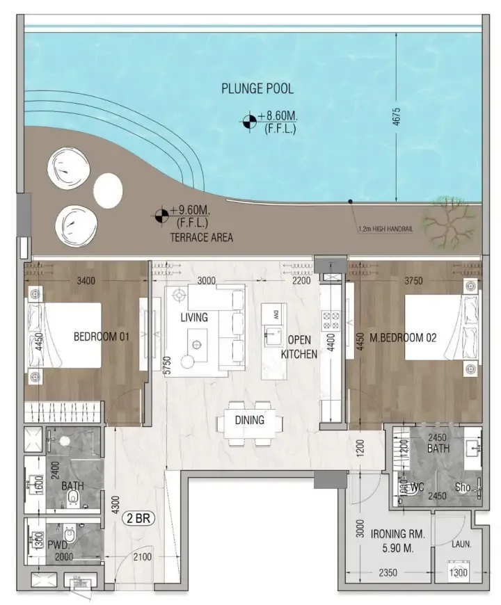 Vue Doree 2 BR Apartments floor plan, 1,212 sqft to 1,946 sqft, drawing published by Crystal Bay Development