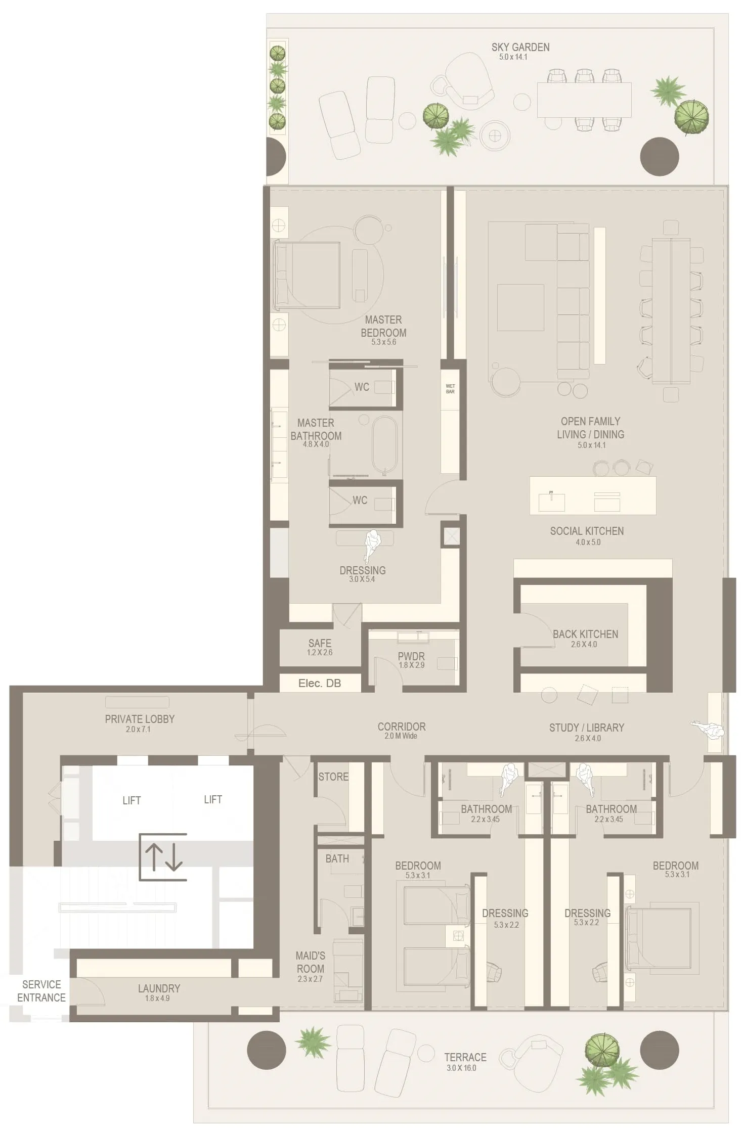 The Chedi Private Residences 3 BR Apartments floor plan, 5,689 sqft to 5,693 sqft, drawing published by Al Seeb Real Estate Development