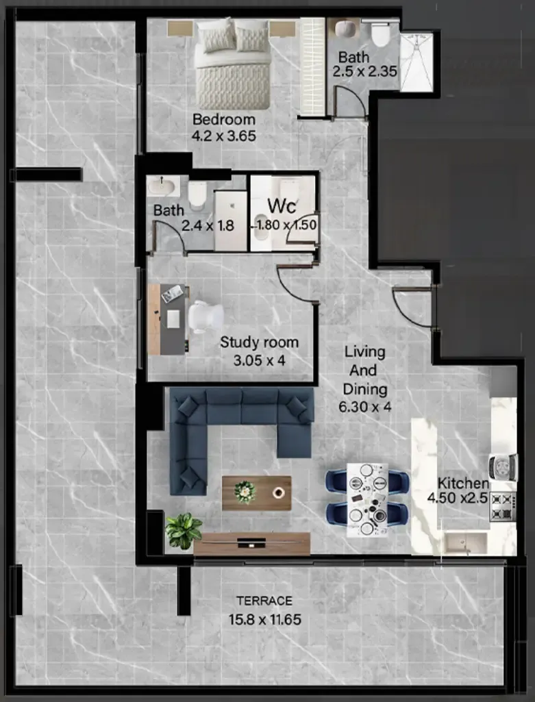 Rose Gardens 2 1.5 BR Apartments floor plan, 1,820 sqft, drawing published by Roz Real Estate Development