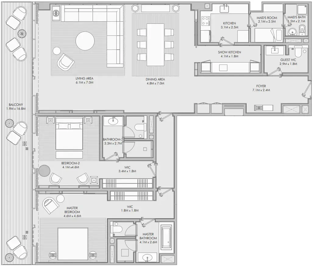 Armani Beach Residence 2 BR Apartments floor plan, 2,623 sqft to 3,141 sqft, drawing published by ARADA