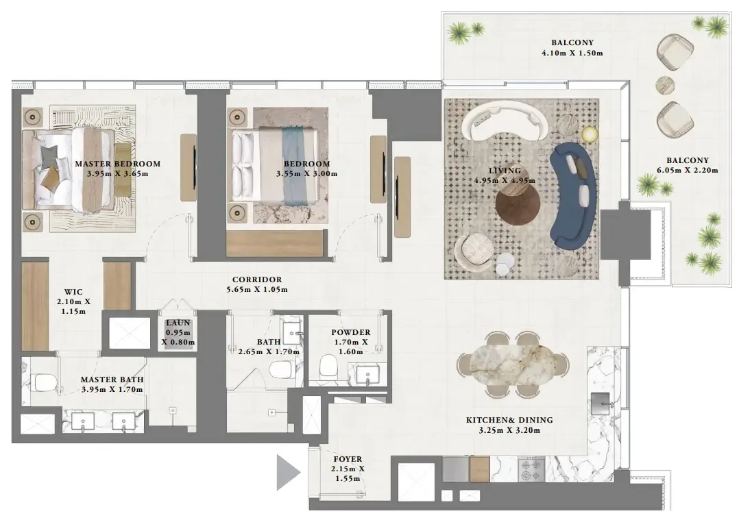 Albero 2 BR Apartments floor plan, 1,435 sqft to 1,455 sqft, drawing published by Emaar