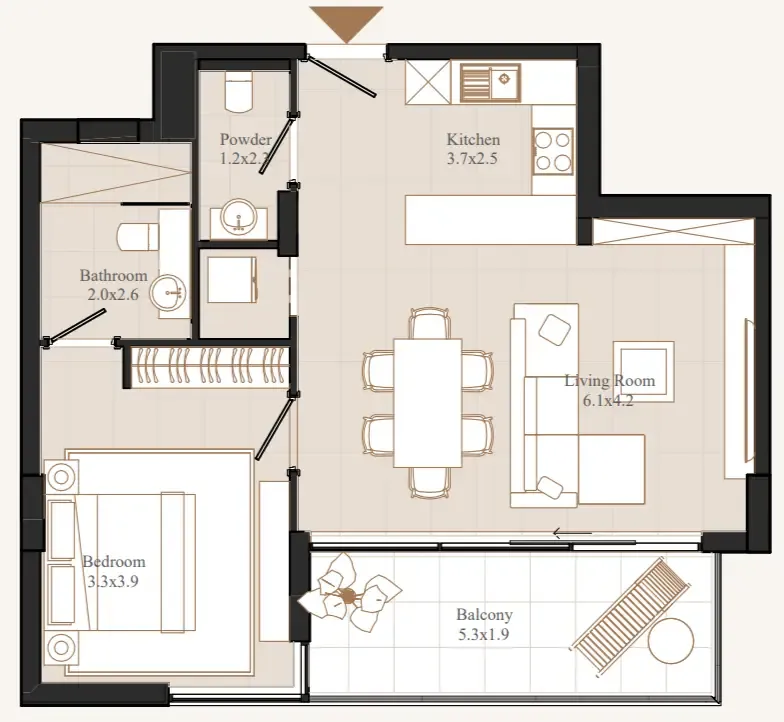 Flamingo LUX 1 BR Apartments floor plan, 794 sqft to 846 sqft, drawing published by Eminent Real Estate Development