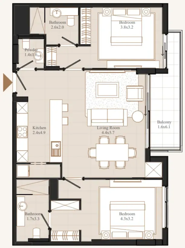 Flamingo LUX 2 BR Apartments floor plan, 1,094 sqft to 1,361 sqft, drawing published by Eminent Real Estate Development
