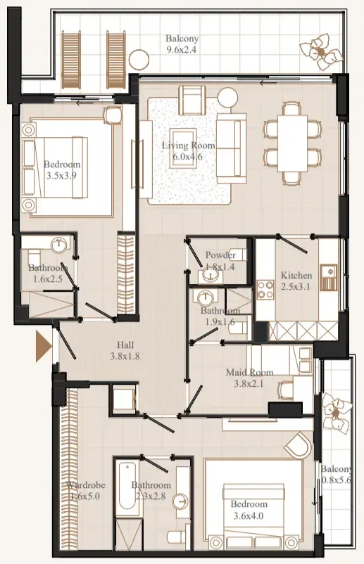 Flamingo LUX 2.5 BR Apartments floor plan, 1,628 sqft to 1,693 sqft, drawing published by Eminent Real Estate Development
