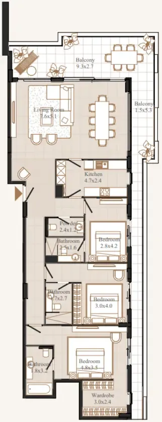 Flamingo LUX 3.5 BR Penthouse floor plan, 2,158 sqft to 2,973 sqft, drawing published by Eminent Real Estate Development