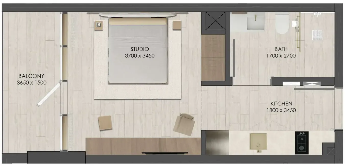 JAD 288 Studio Apartments floor plan, 333 sqft to 575 sqft, drawing published by JAD Global