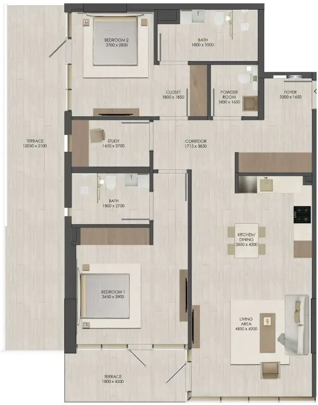 JAD 288 2.5 BR Apartments floor plan, 1,218 sqft to 1,506 sqft, drawing published by JAD Global