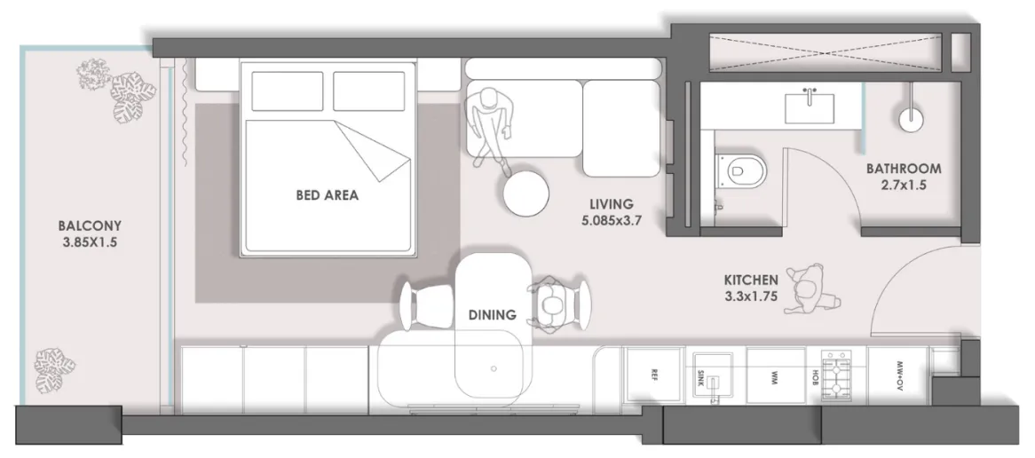 HOLM One Studio Apartments floor plan, 368 sqft to 682 sqft, drawing published by Holm Developments