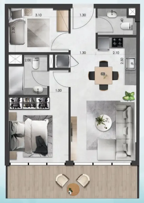 Saray South 1.5 BR Apartments floor plan, 721 sqft, drawing published by Unique Saray Development