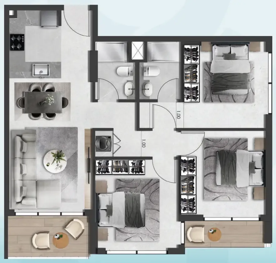 Saray South 3 BR Apartments floor plan, 934 sqft, drawing published by Unique Saray Development