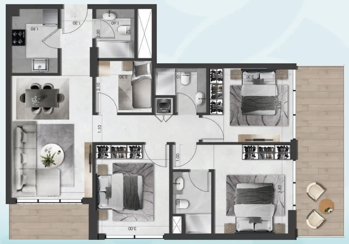 Saray South 3.5 BR Apartments floor plan, 1,162 sqft to 1,449 sqft, drawing published by Unique Saray Development
