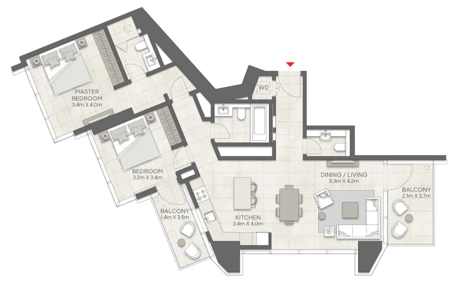 LIV Marina 2 BR Apartments floor plan, 1,309 sqft, drawing published by LIV Developers