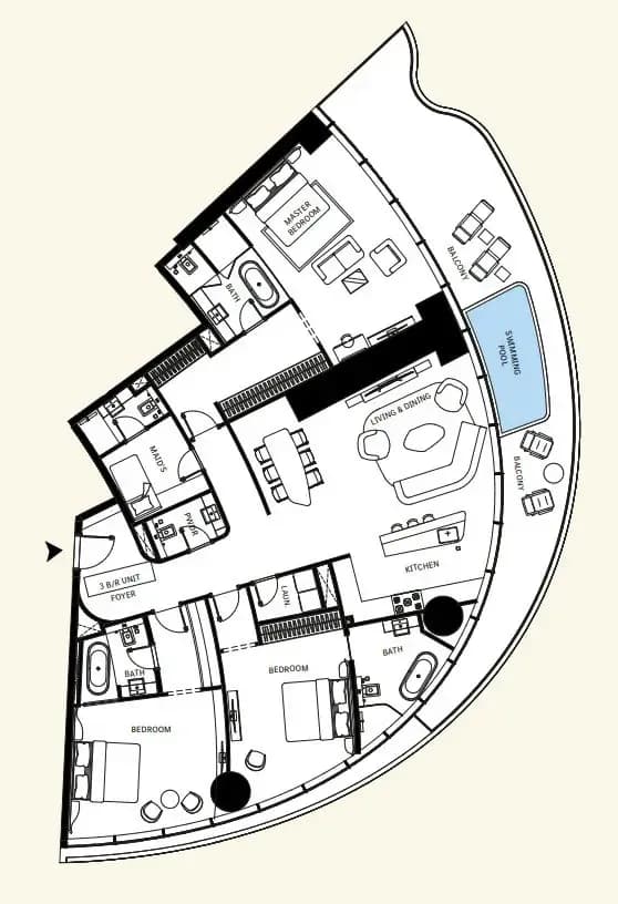 Mercedes-Benz Places by Binghatti 3 BR Apartments floor plan, 2,706 sqft, drawing published by Binghatti