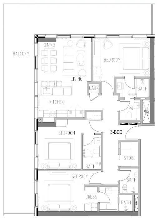 Shoreline 3 BR Apartments floor plan, 2,077 sqft, drawing published by Damac