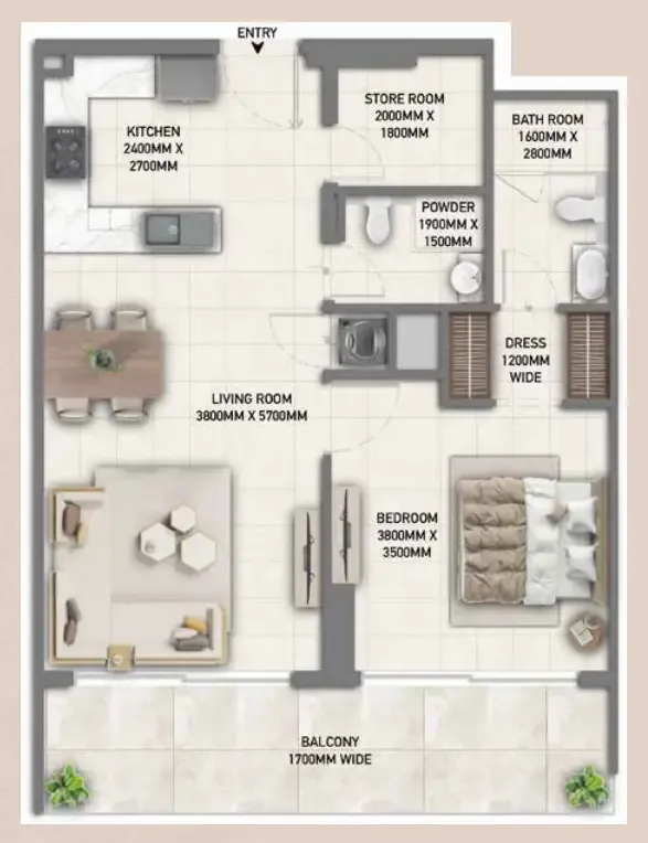 Blossom 40 1.5 BR Apartments floor plan, 863 sqft to 864 sqft, drawing published by Tranquil Infra Developers
