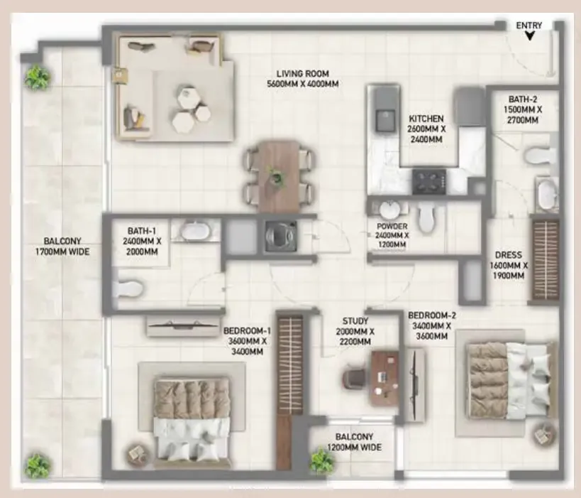 Blossom 40 2.5 BR Apartments floor plan, 1,221 sqft to 1,315 sqft, drawing published by Tranquil Infra Developers