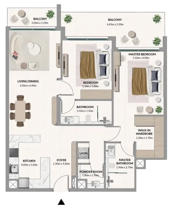 Woodland Terraces 2 BR Apartments floor plan, 945 sqft to 1,332 sqft, drawing published by AMIS Development