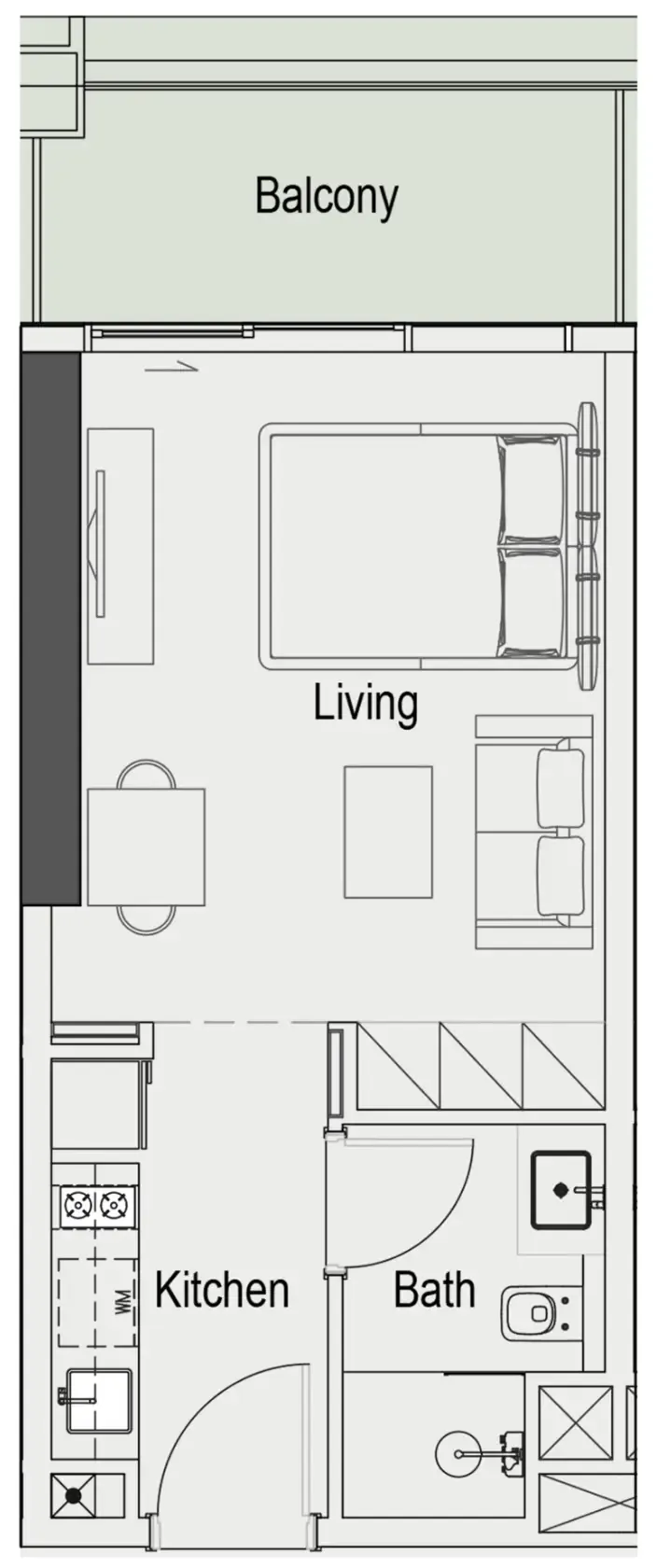 Sierra by Iman Studio Apartments floor plan, 416 sqft to 422 sqft, drawing published by IMAN Developers