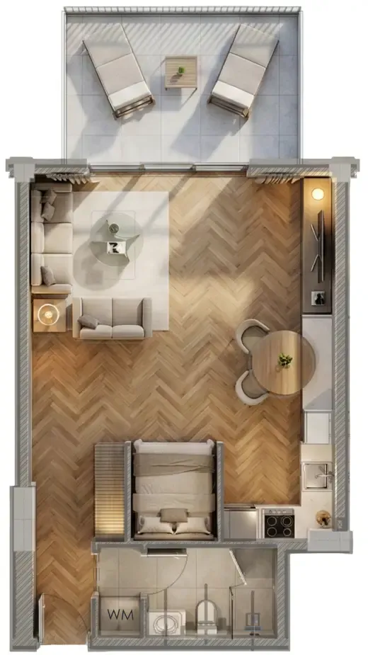 ARMAS By Zenith Studio Apartments floor plan, 677 sqft to 748 sqft, drawing published by Zenith Group