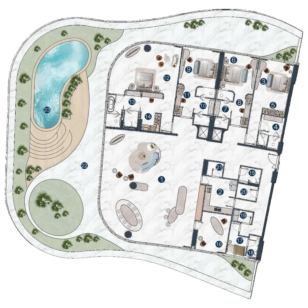 La Mazzoni 4 BR Penthouse floor plan, 6,990 sqft to 7,840 sqft, drawing published by The Luxe Developers
