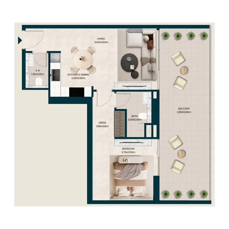 Kyomi Residence 1 BR Apartments floor plan, 768 sqft, drawing published by ANAX Developments