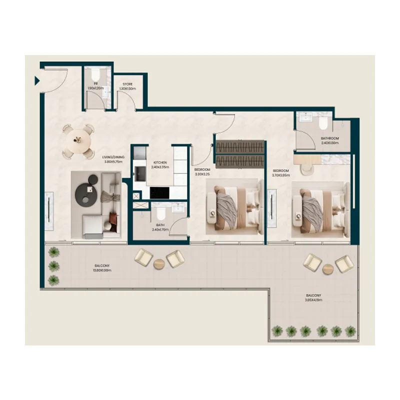 Kyomi Residence 2 BR Apartments floor plan, 1,295 sqft, drawing published by ANAX Developments