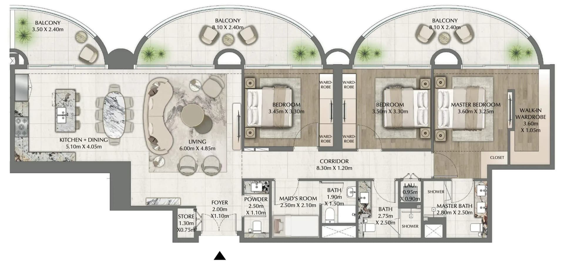 One Residence 3 BR Penthouse floor plan, 2,073 sqft, drawing published by Ginco Properties