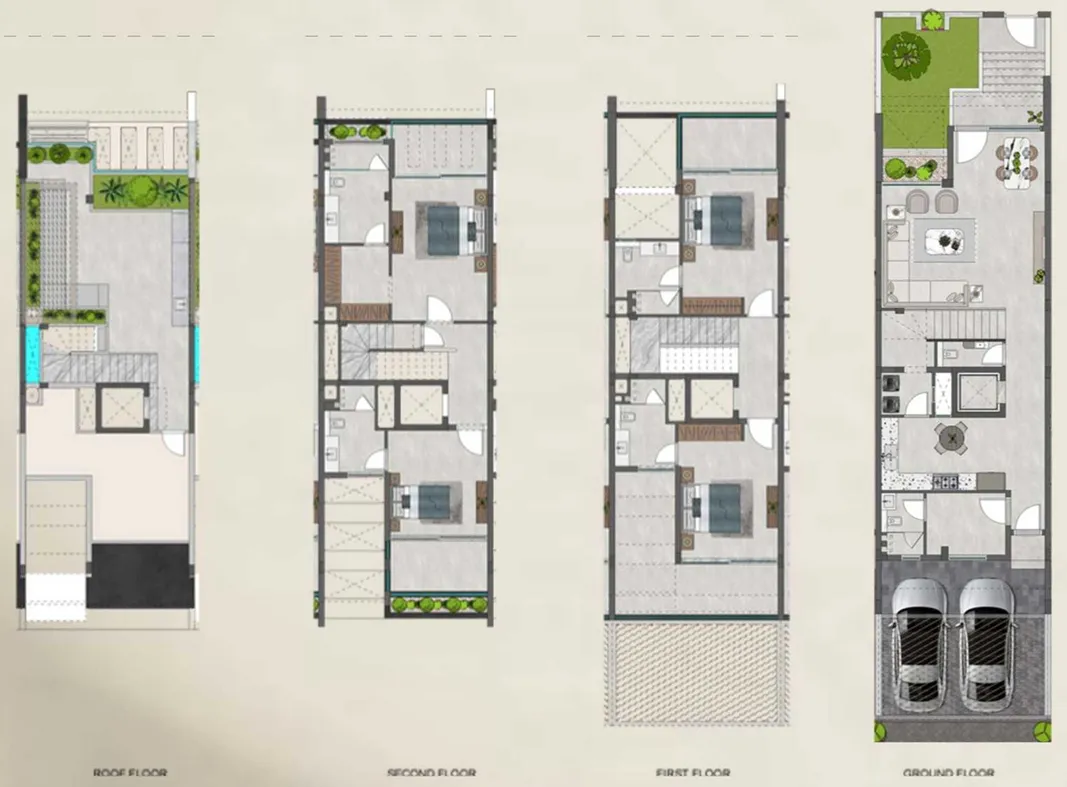 Veranda Collection 1 3.5 BR Townhouse floor plan, 3,064 sqft to 3,282 sqft, drawing published by Credo Investments FZE