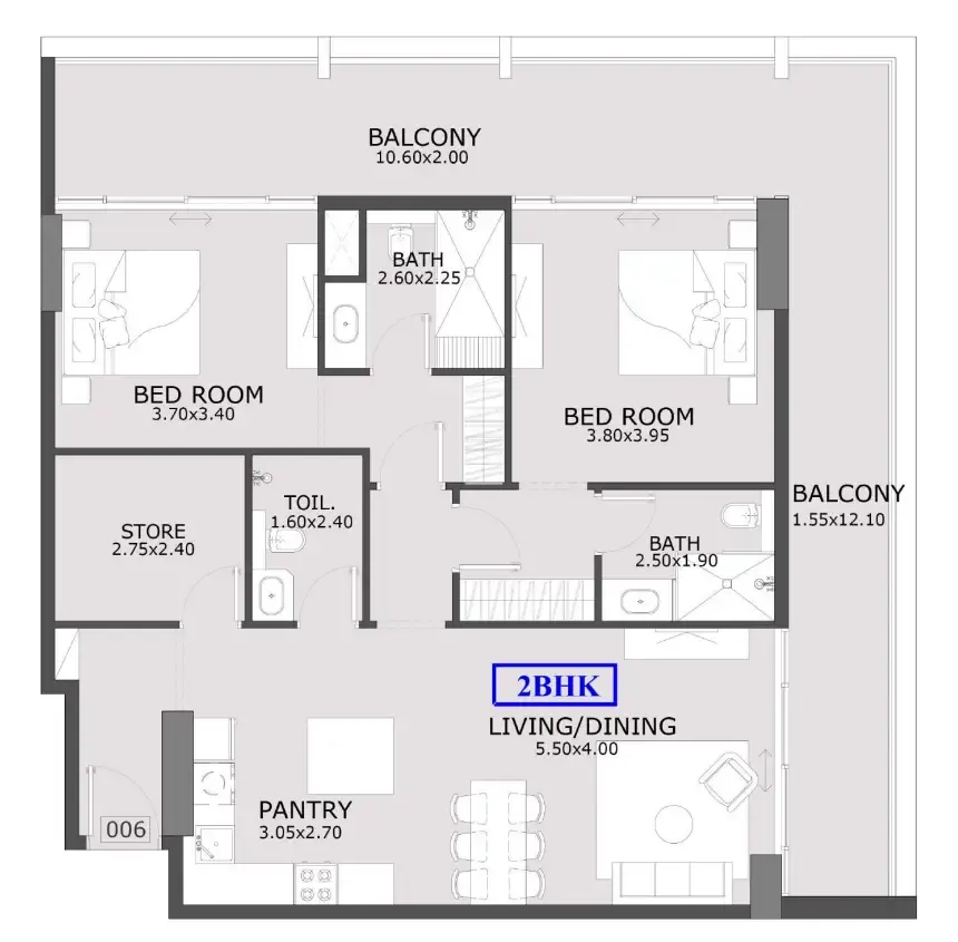Azra Residence 2 BR Apartments floor plan, 1,242 sqft to 1,572 sqft, drawing published by Enaam Developers