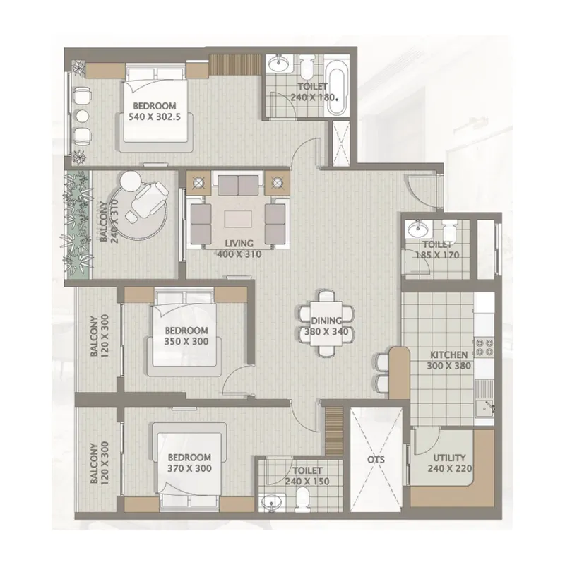 Platinum Heights 3 BR Apartments floor plan, 1,605 sqft, drawing published by Team Arcon