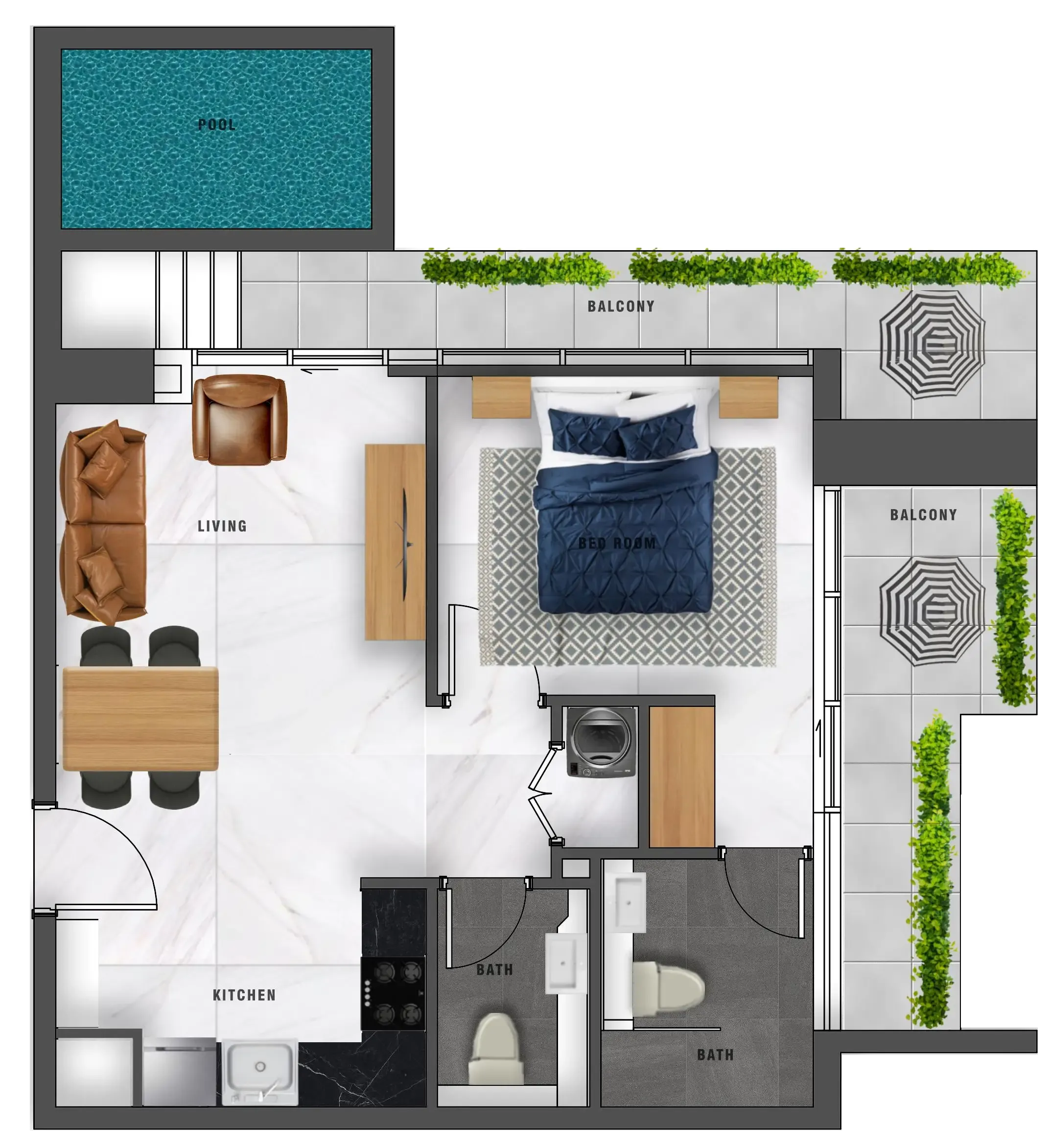 Samana Waves 1 BR Apartments floor plan, 744 sqft to 853 sqft, drawing published by Samana