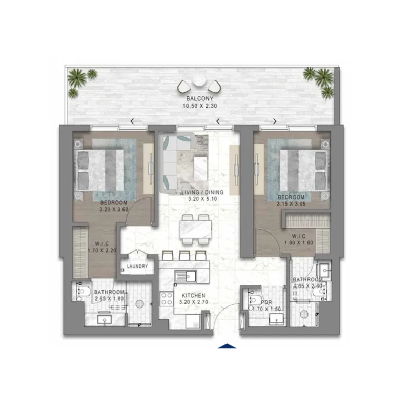 Chelsea Residences 1 Tower C 2 BR Apartments floor plan, 1,158 sqft, drawing published by Damac