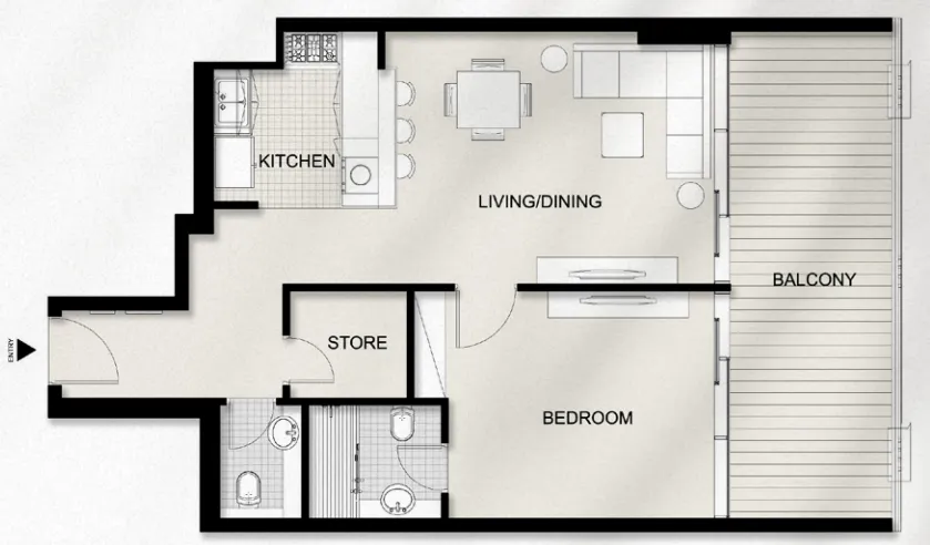 AYAT Parkview 1.5 BR Apartments floor plan, 966 sqft, drawing published by Ayat Development