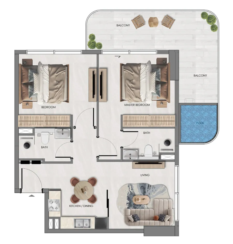 Samana Portside 2 BR Apartments floor plan, 933 sqft, drawing published by Samana