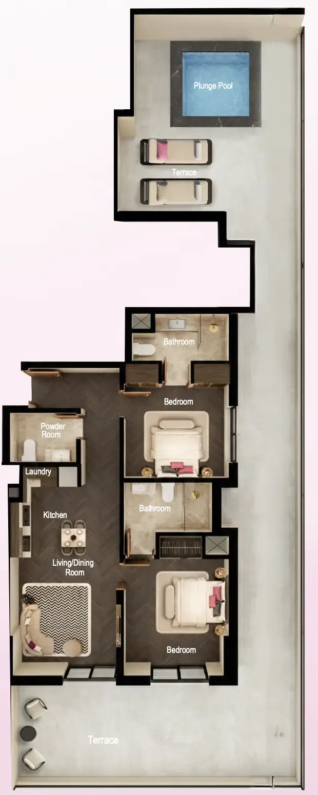 Fauchon Residences 2 BR Penthouse floor plan, 1,687 sqft to 1,842 sqft, drawing published by Prestige One