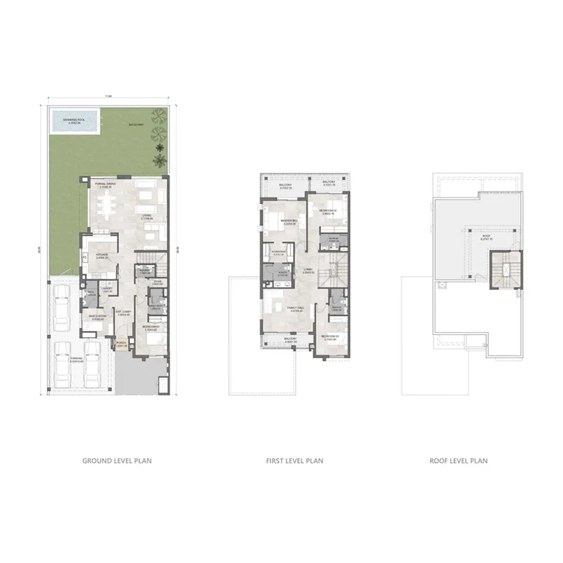 Hayat 7 4.5 BR Townhouse floor plan, 3,801 sqft, drawing published by Dubai South