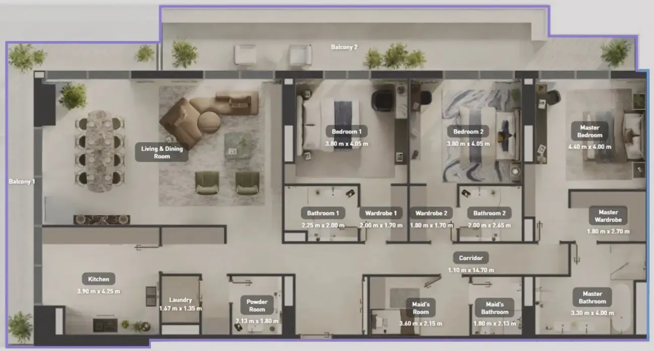 Juman 1 3 BR Apartments floor plan, 2,716 sqft to 2,991 sqft, drawing published by ICT Real Estate Development