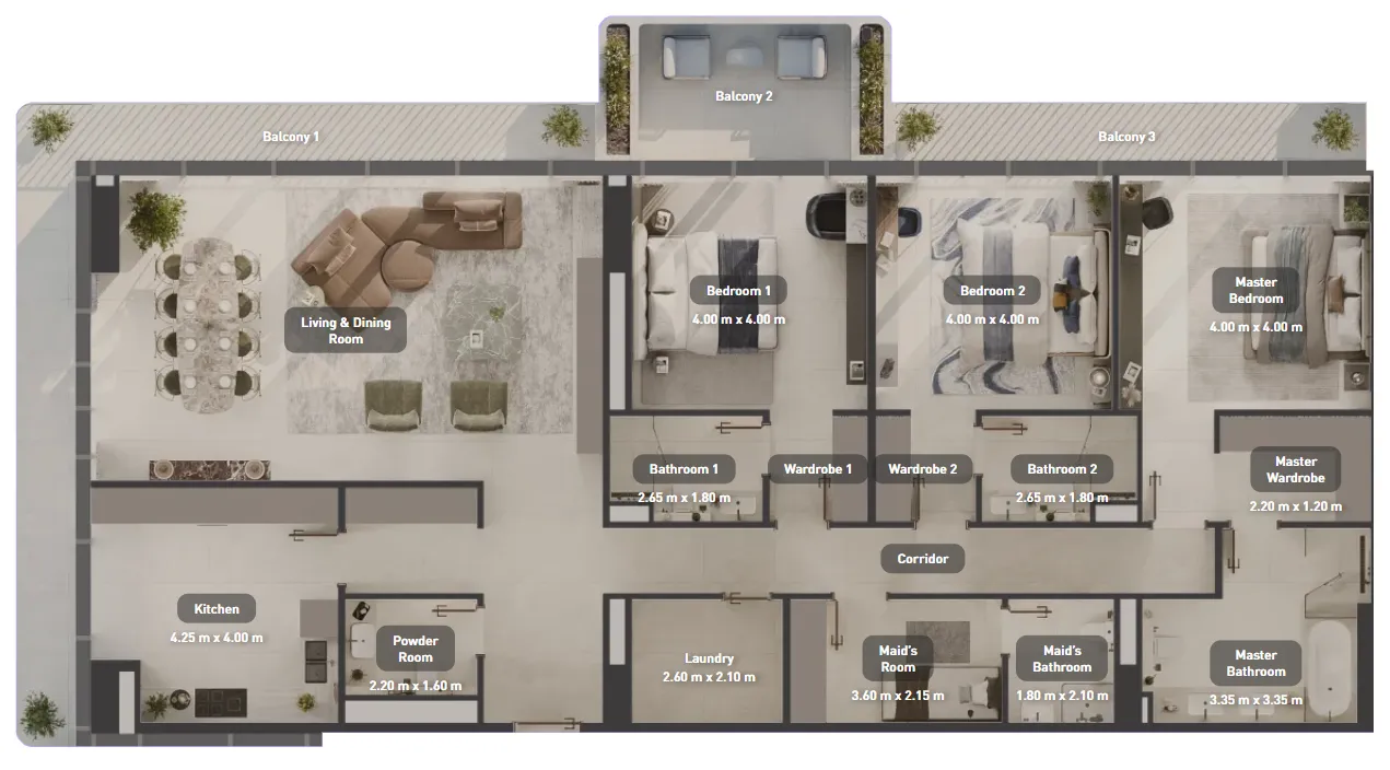 Juman 2 3 BR Apartments floor plan, 2,607 sqft to 2,696 sqft, drawing published by ICT Real Estate Development