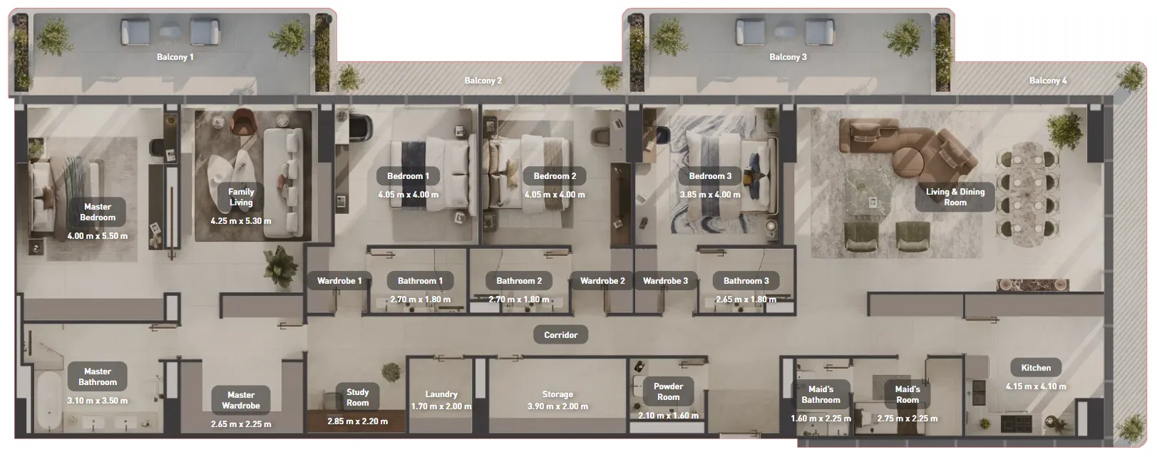 Juman 2 4 BR Apartments floor plan, 3,819 sqft, drawing published by ICT Real Estate Development