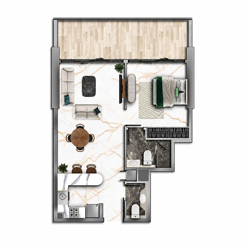 77S Tower 1 BR Apartments floor plan, 876 sqft to 1,242 sqft, drawing published by 77 Shades of Green Real Estate Development L.L.C