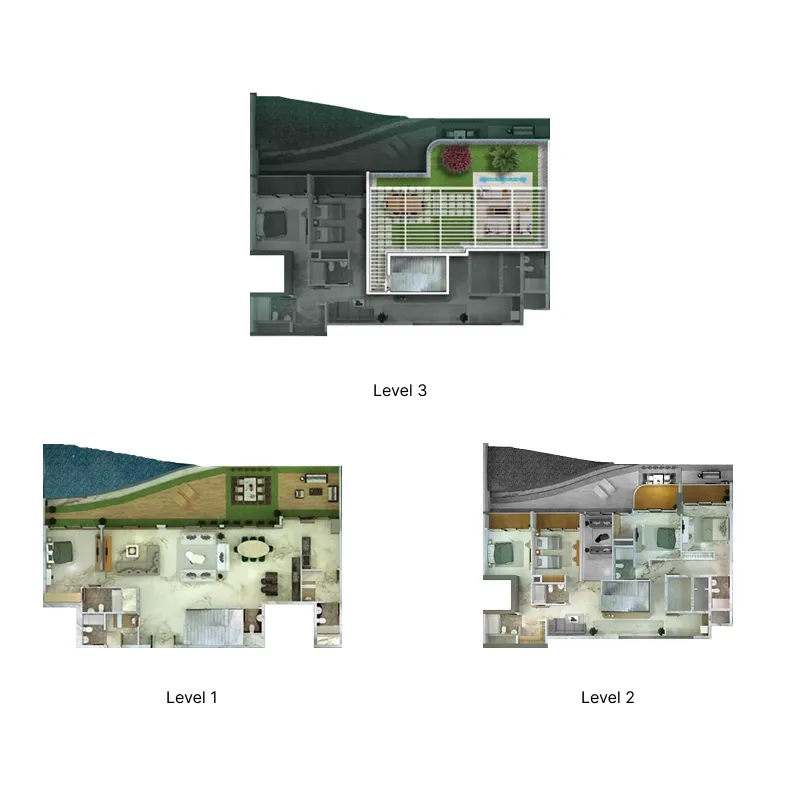 77S Tower 5 BR Penthouse floor plan, 5,150 sqft to 6,491 sqft, drawing published by 77 Shades of Green Real Estate Development L.L.C